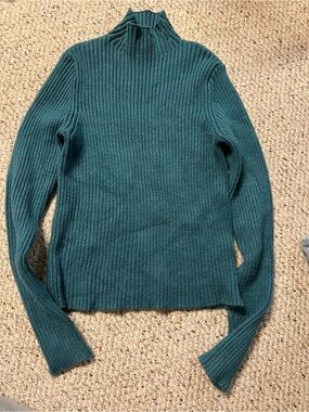 Ribbed Cowl Neck Sweater in Teal Green